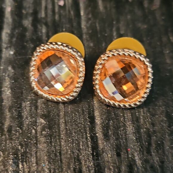 Monet Faux Morganite Checker Board Cut Gold Tone Stud Earrings - Picture 4 of 4